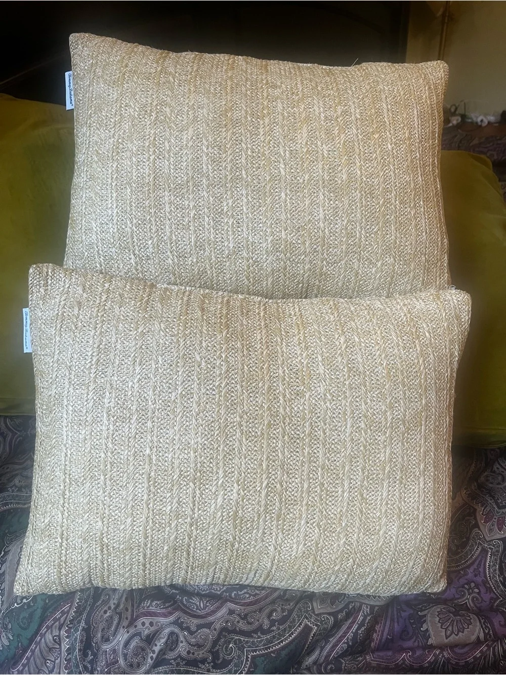 Tommy Bahama Faux Raffia Woven Cream-Tan Throw Pillows - Set of 2